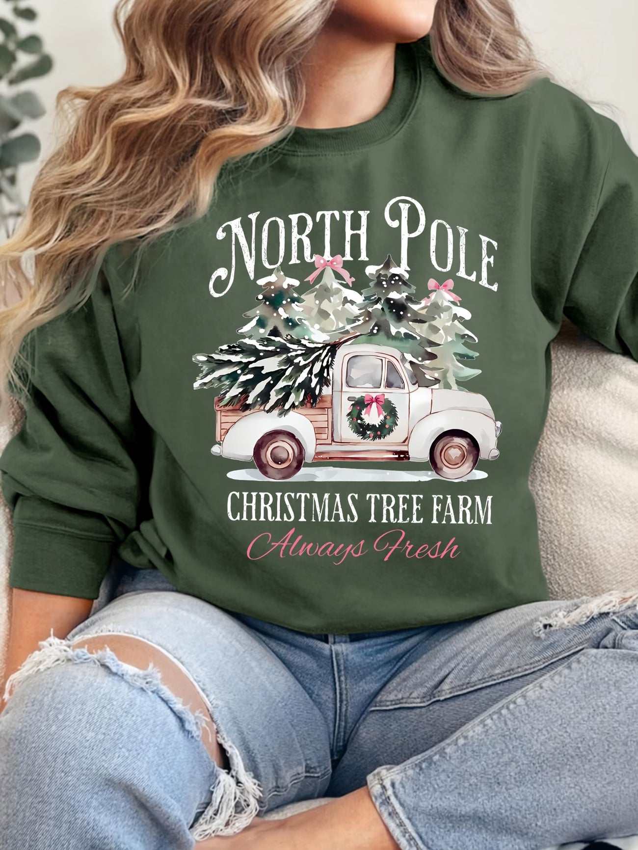 Women's North Pole Christmas Tree Farm Print Sweatshirt