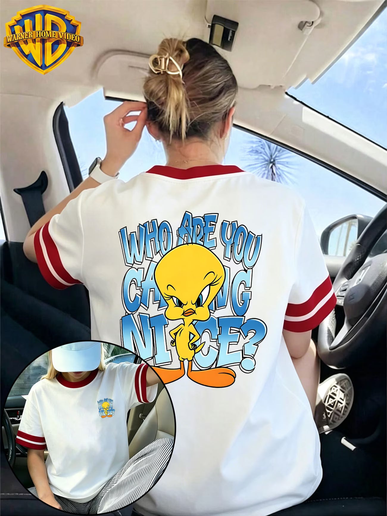 Summer Top with Bubble Letter Yellow Bird Cartoon Front & Back Prints