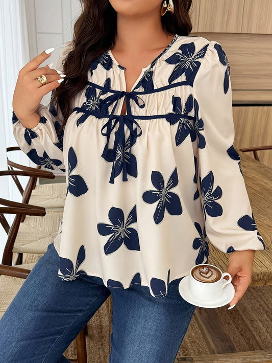 Plus Size Printed Collar Webbing Long Sleeve Blouse — Spring/Autumn