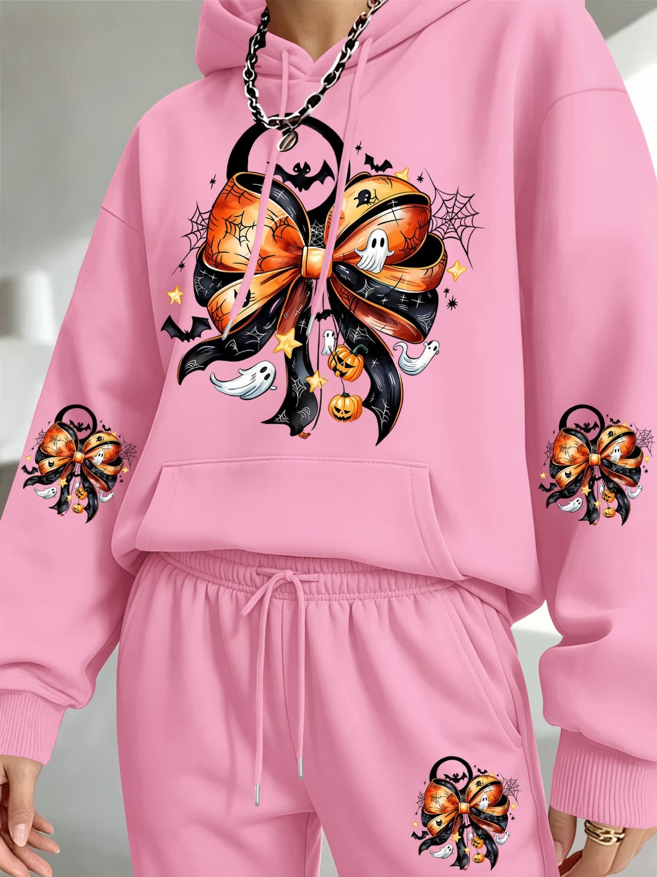 Halloween Pumpkin & Bow Print Hooded Sweatshirt & Sweatpants Set