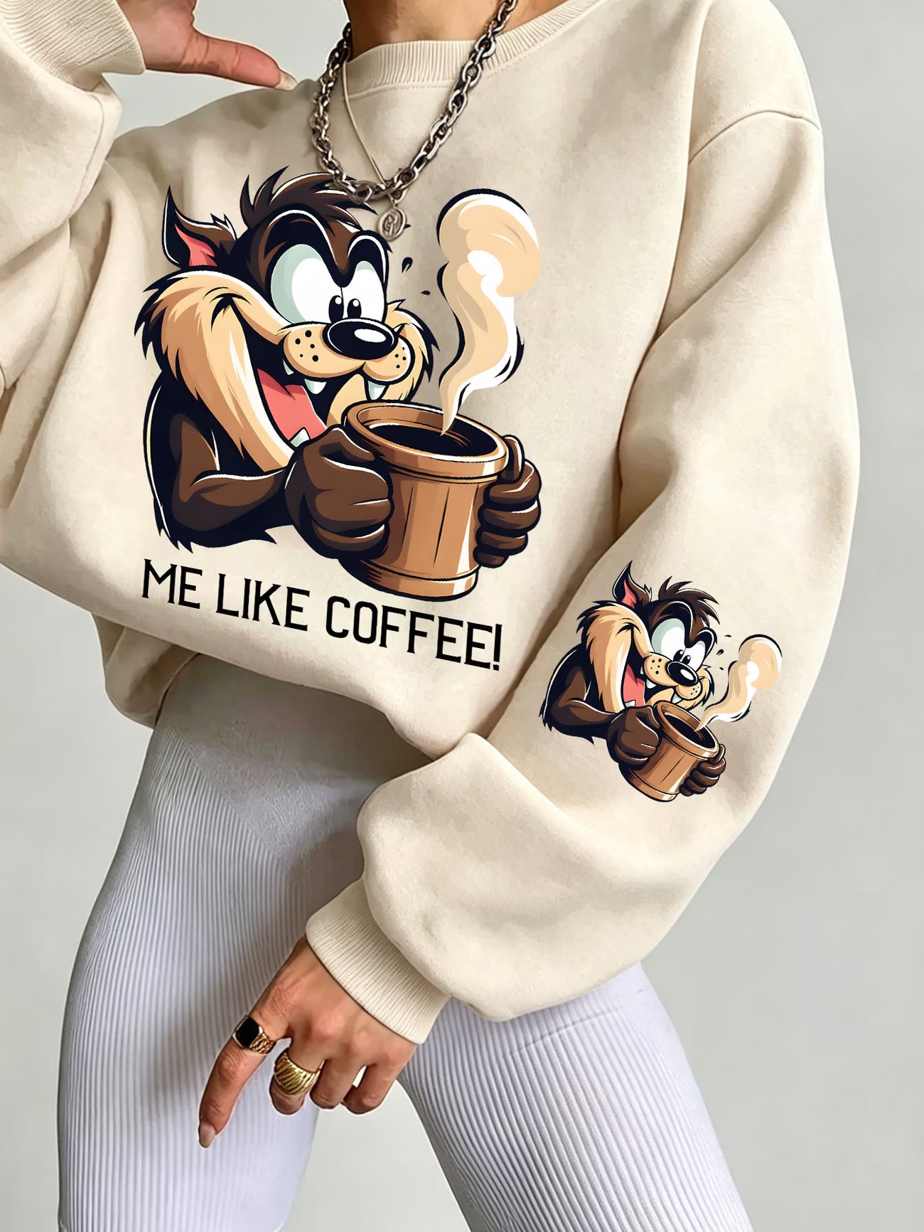 Looney Tunes Taz 'Me Like Coffee' Cartoon Print Crew Neck Sweatshirt