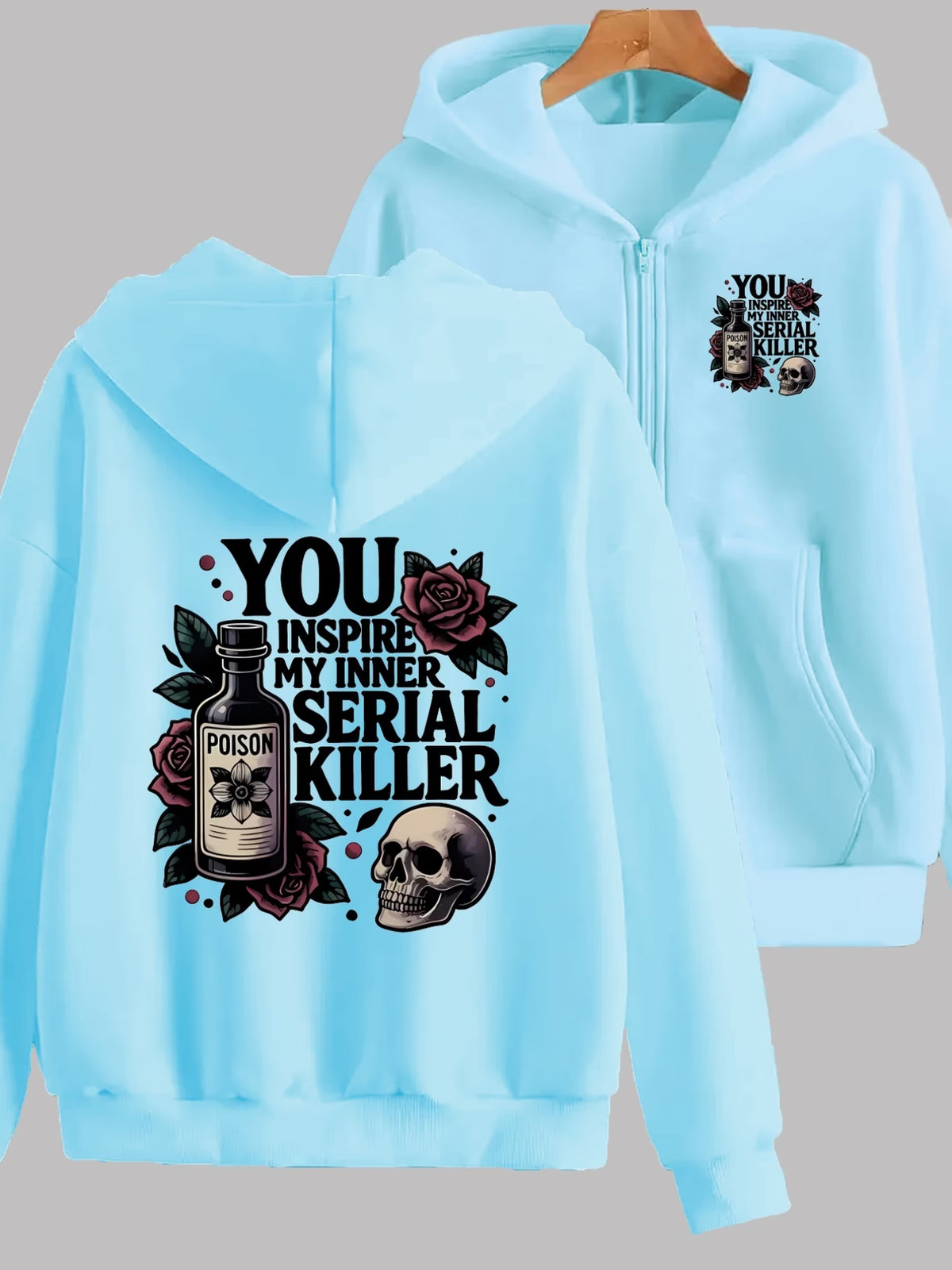 Poison Skull Rose 2-Pattern Dark Print Y2K Zippered Hoodie | Front & Back