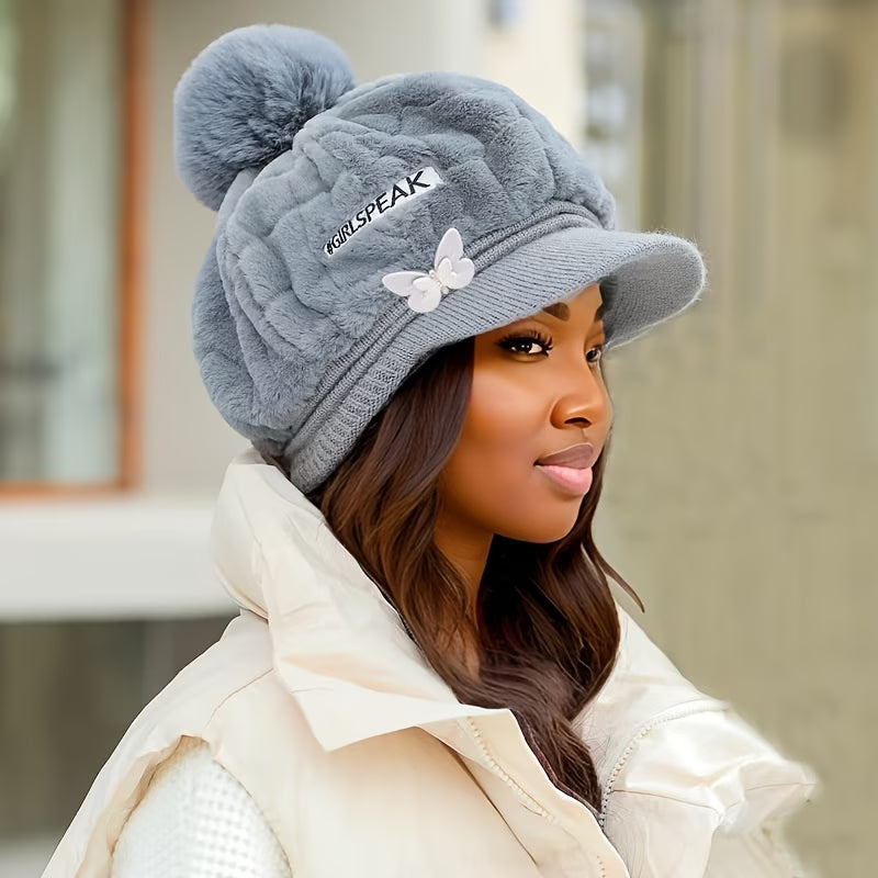 Women's Plush Fleece Duckbill Beanie Hat – Letter & Butterfly Embellishments