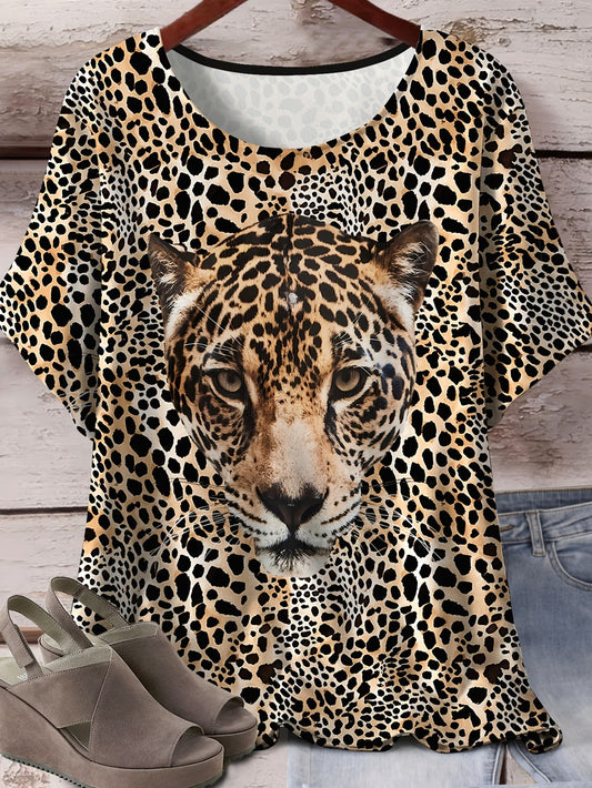 Plus Size Women's Leopard Head All-Over Print Short Sleeve T-Shirt