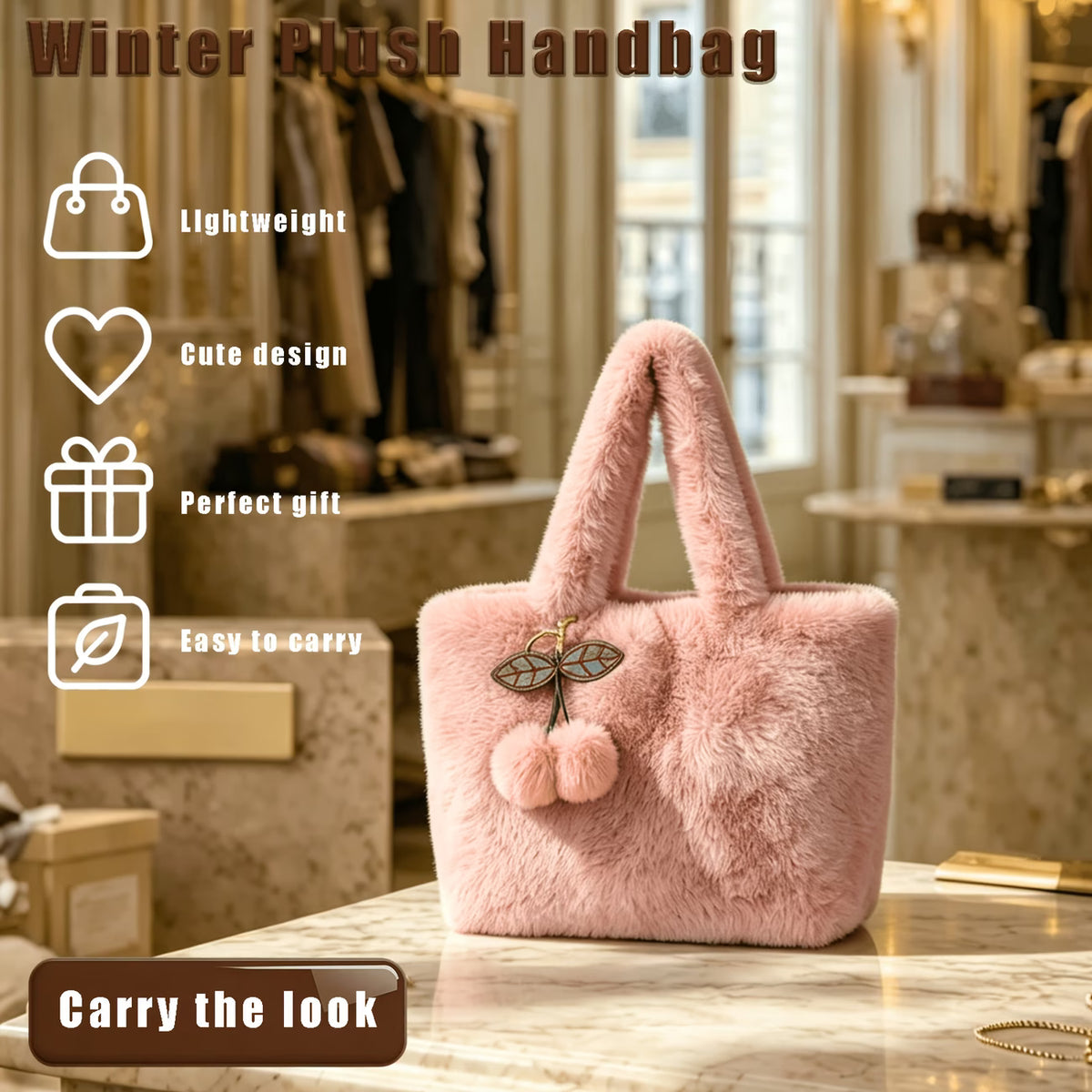 Women's Plush Tote Shoulder Bag with Cherry Pendant