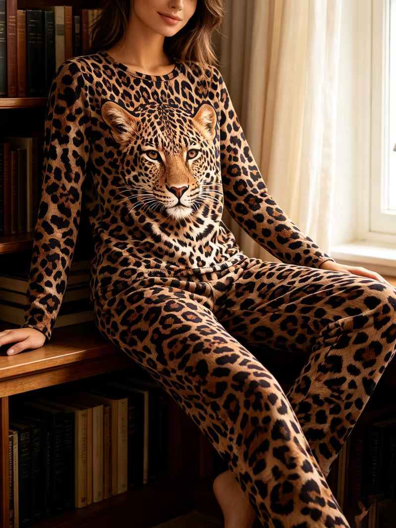 Women's Leopard Print Pajama Set – Crew Neck Long Sleeve Top & Long Pants