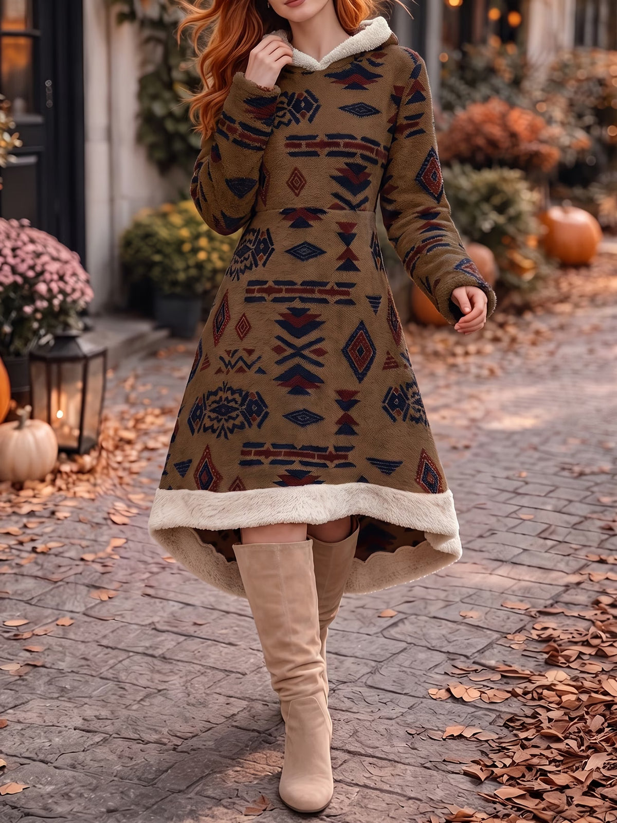 Retro Hooded Patchwork Dress with Asymmetrical Hem