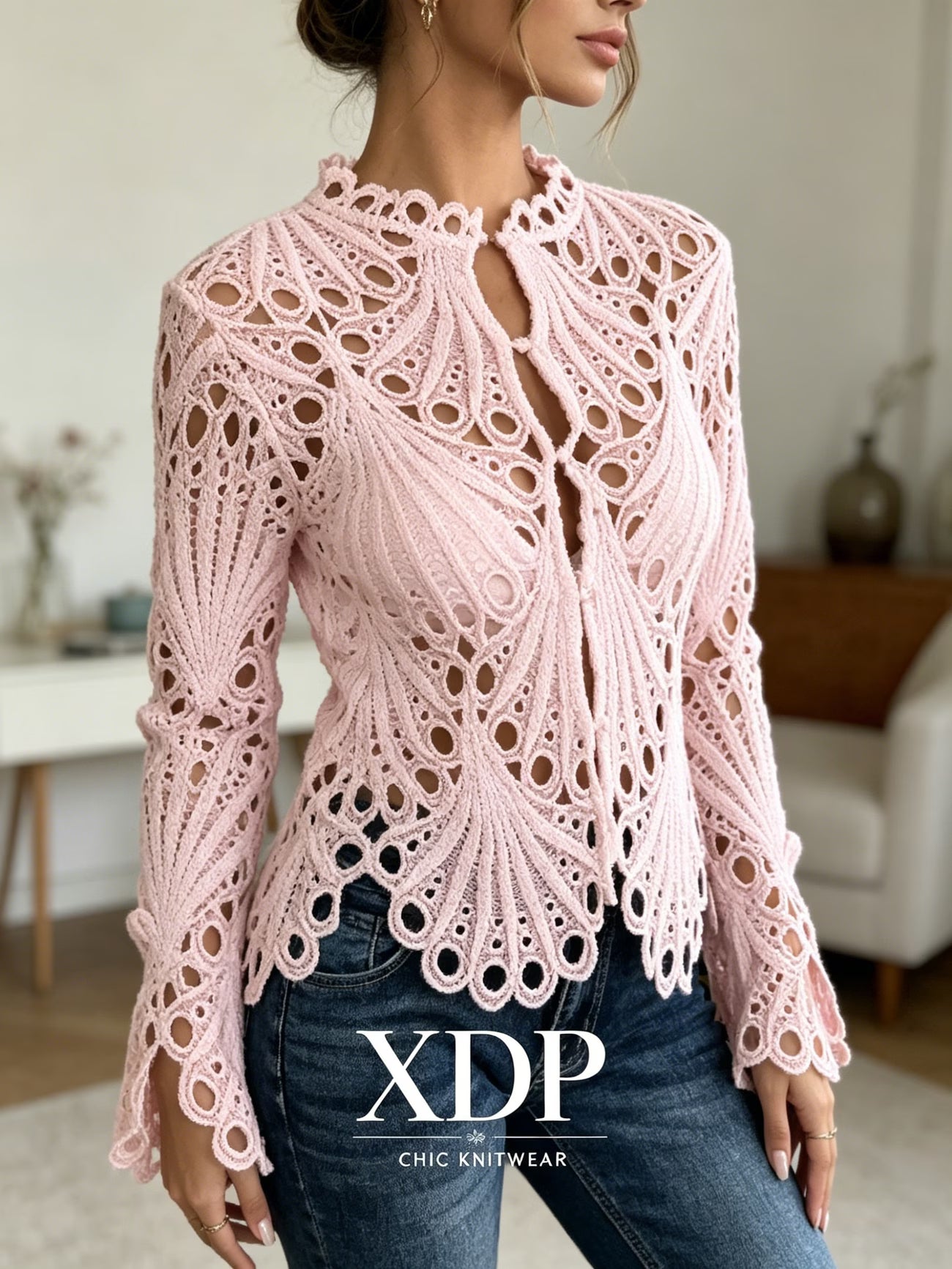 Crochet Lace Long Sleeve Blouse — Hollow Keyhole Neck
