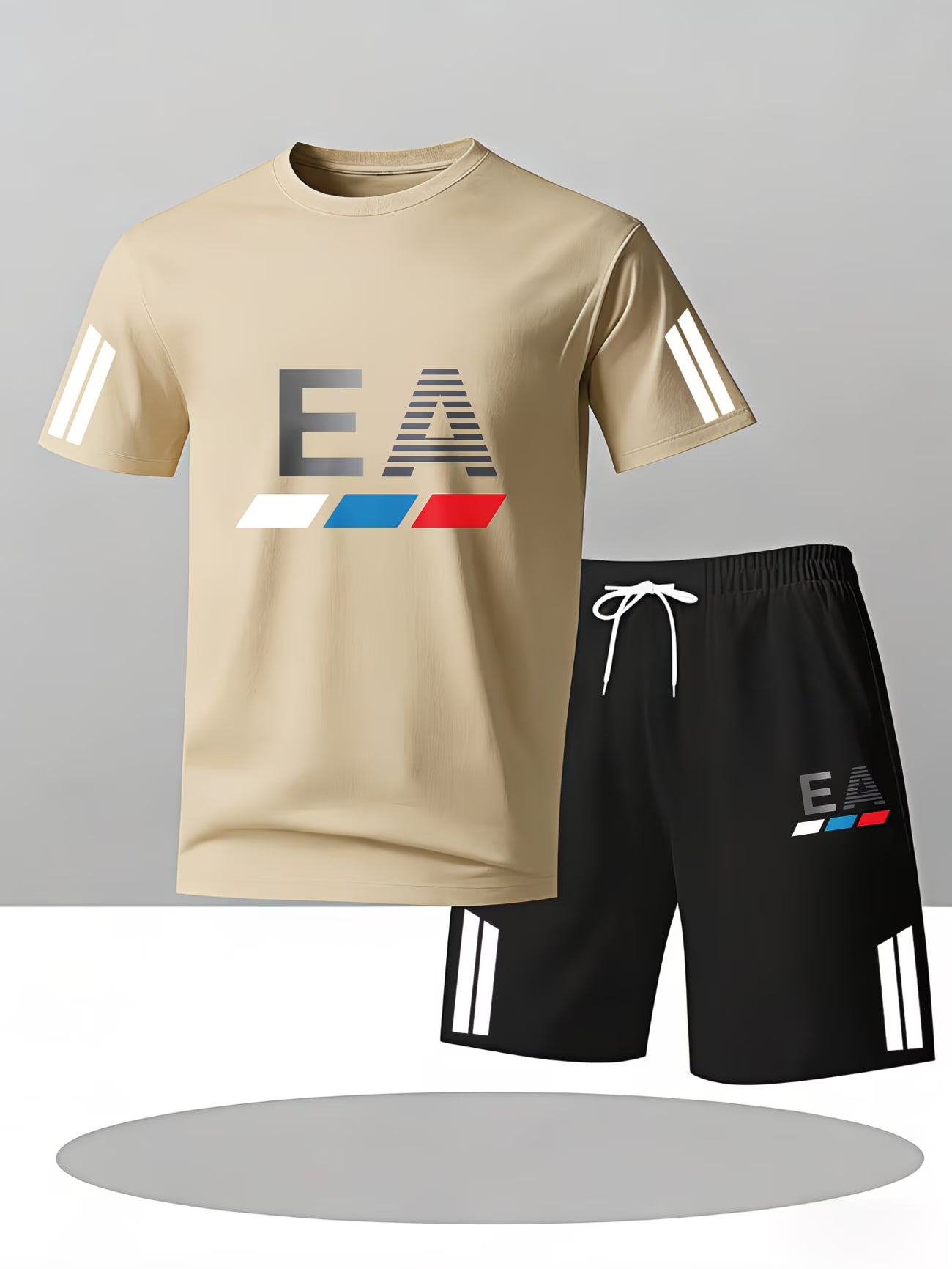 Men's Casual Sportswear Set – EA Logo & Colour Block T-Shirt