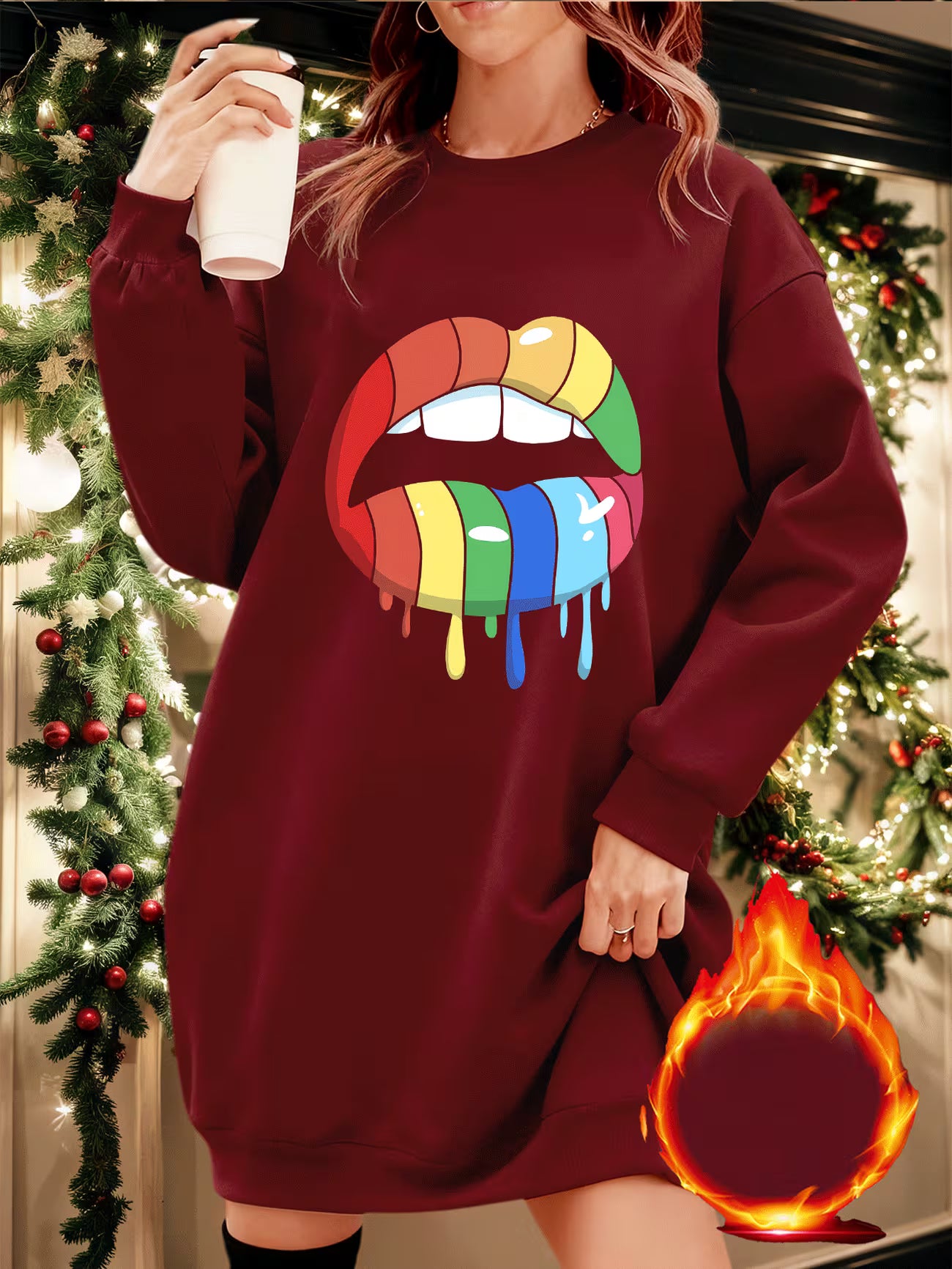 Rainbow Gradient Lip Print Lined Sweatshirt Dress