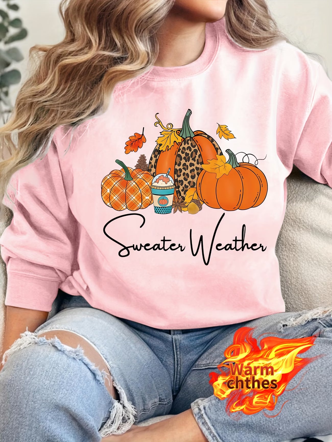 Women's Pumpkin Maple Leaf Print Winter Sweatshirt