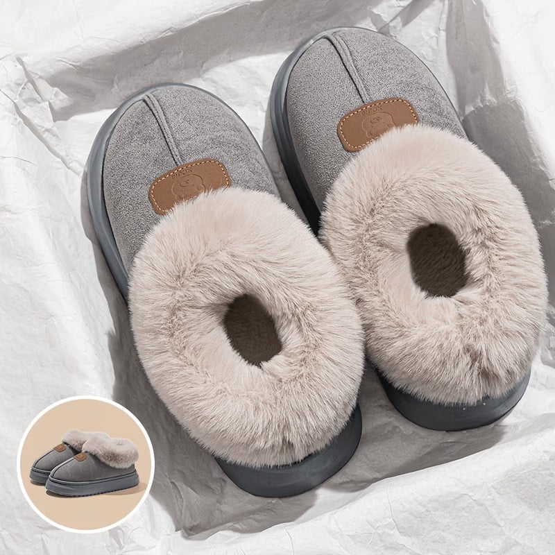 Unisex Winter Warm Shoes – Fluffy Plush Collar, Bear Embellishment & Cushioned High Sole