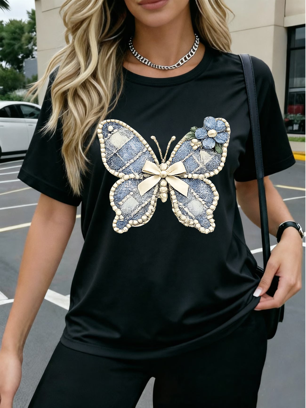 Denim T-Shirt - Soft Pearl Bow & Heart
