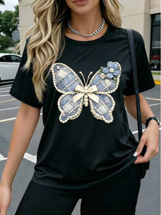 Denim T-Shirt - Soft Pearl Bow & Heart