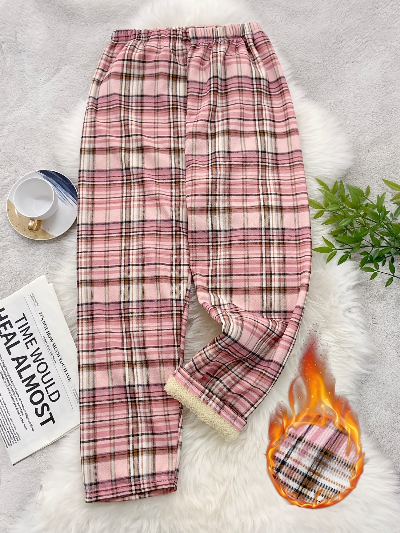 Women's Thickened Fleece Plaid Pants – Double-Faced Warm Trousers in Pink