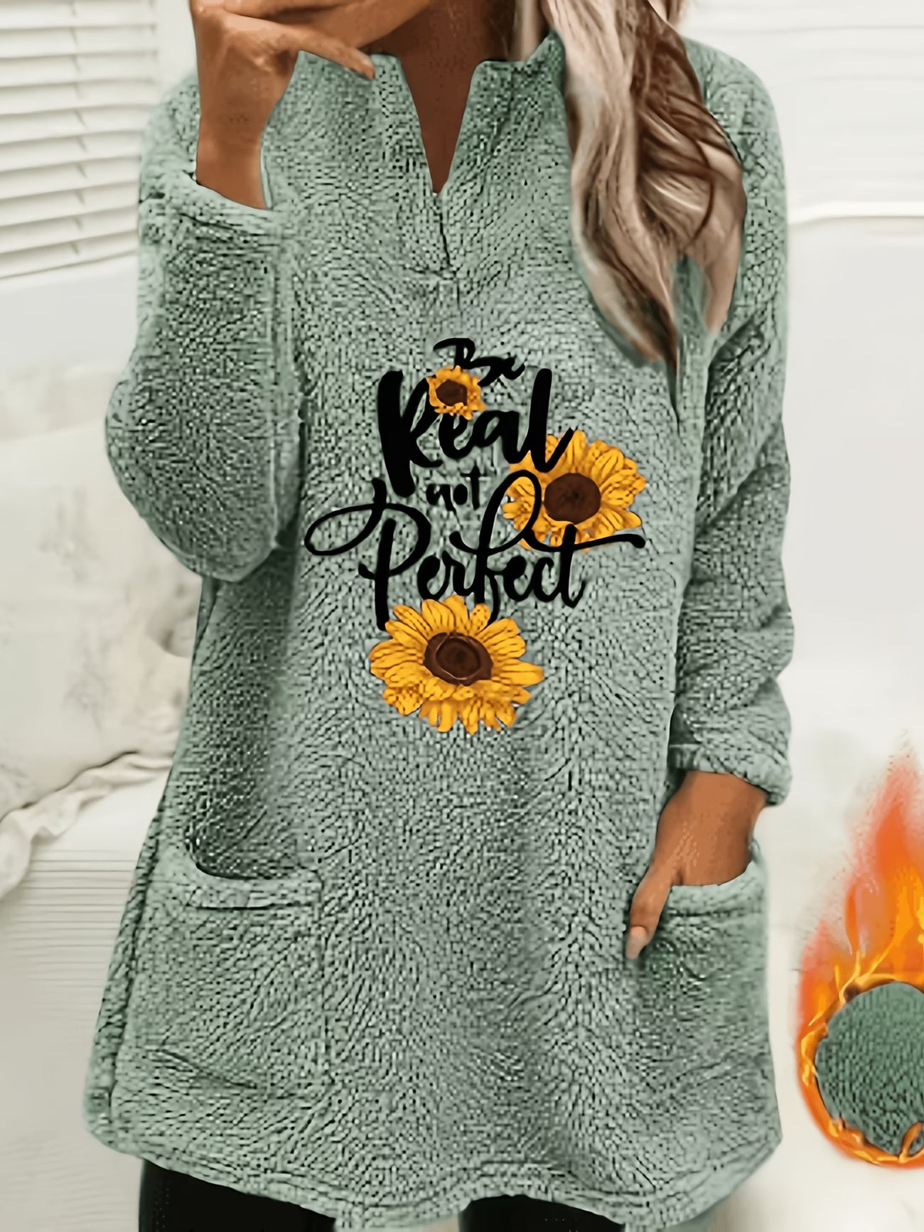 Floral Print Plush Pullover Sweatshirt – V-Neck Elegant Fleece Top