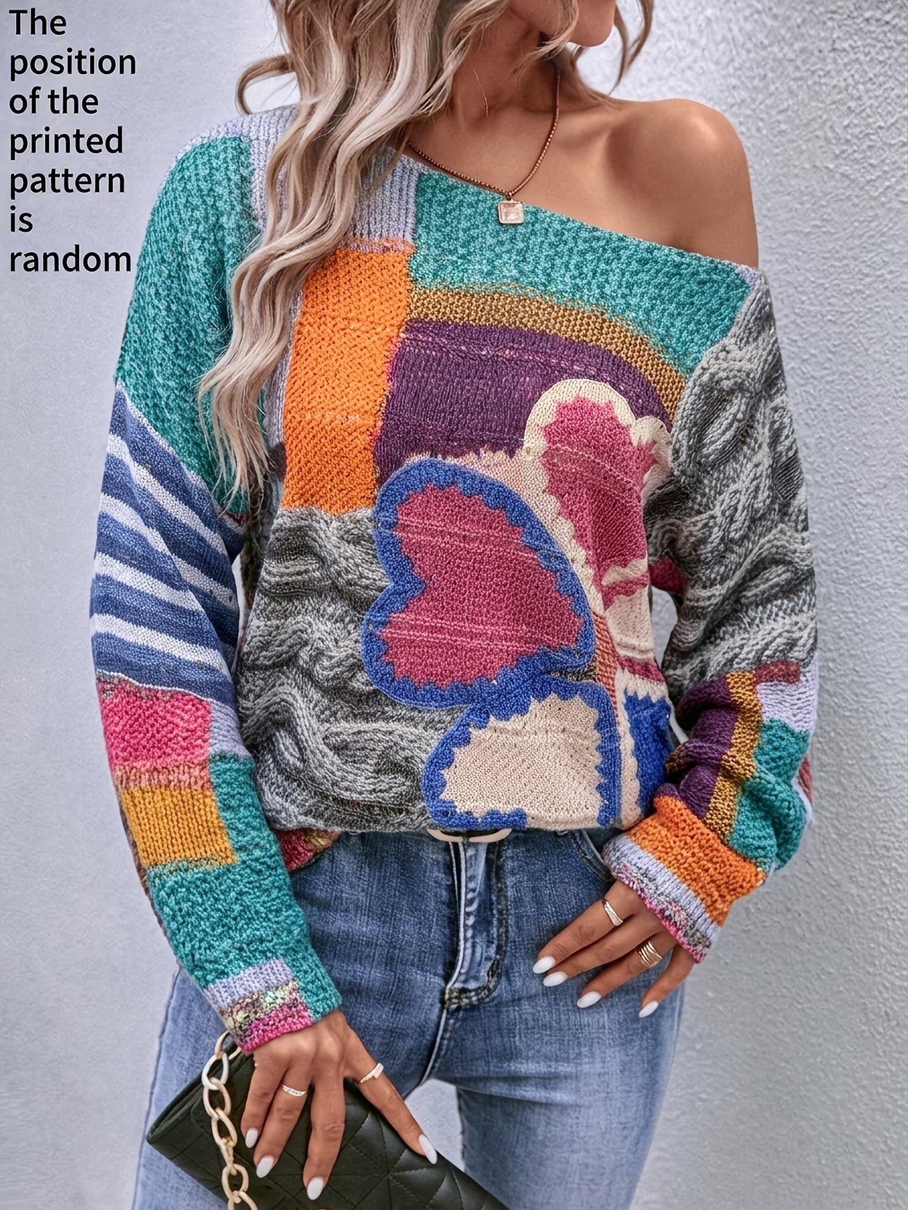 Women's Off-Shoulder Twisted Rope & Heart Print Sweater