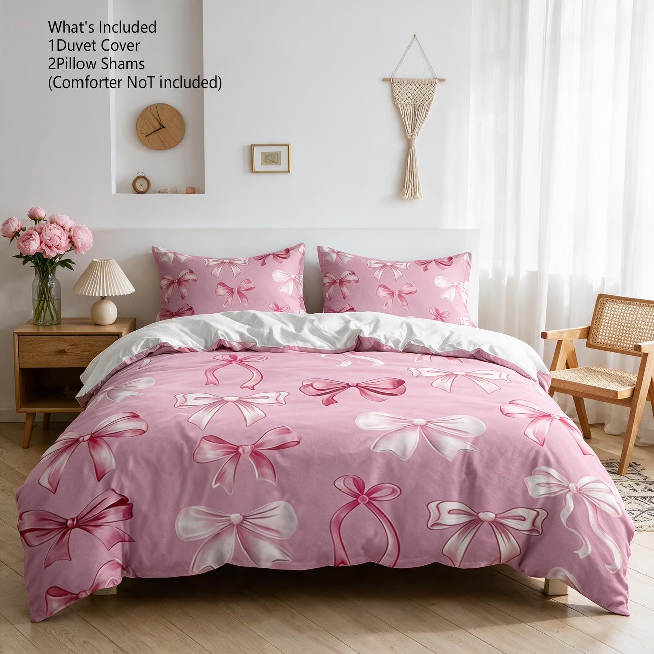 Bow Print Duvet Cover Set – 3pcs, Double-Sided Design, Solid White Reverse (Filling Not Included)