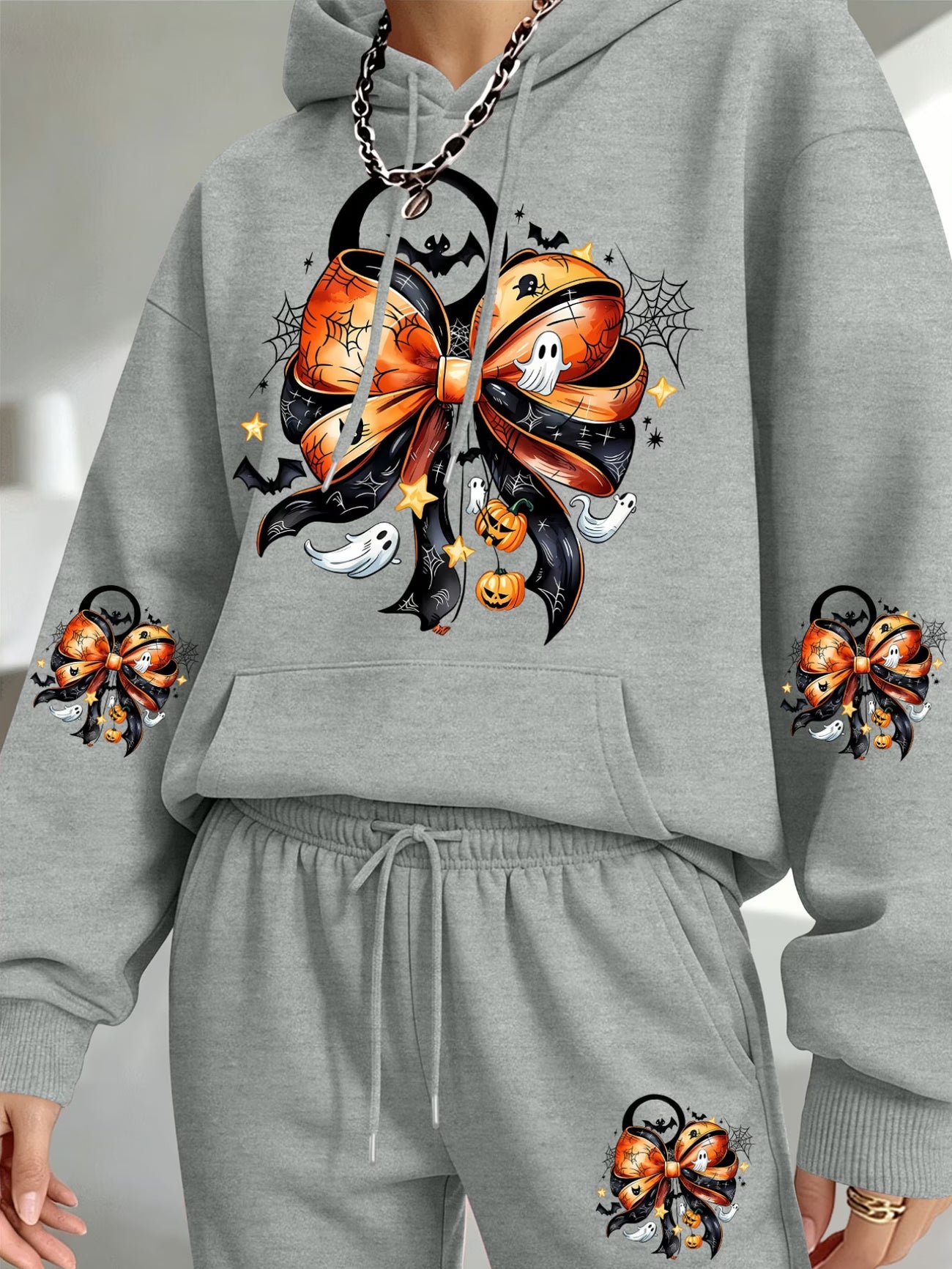 Halloween Pumpkin & Bow Print Hooded Sweatshirt & Sweatpants Set