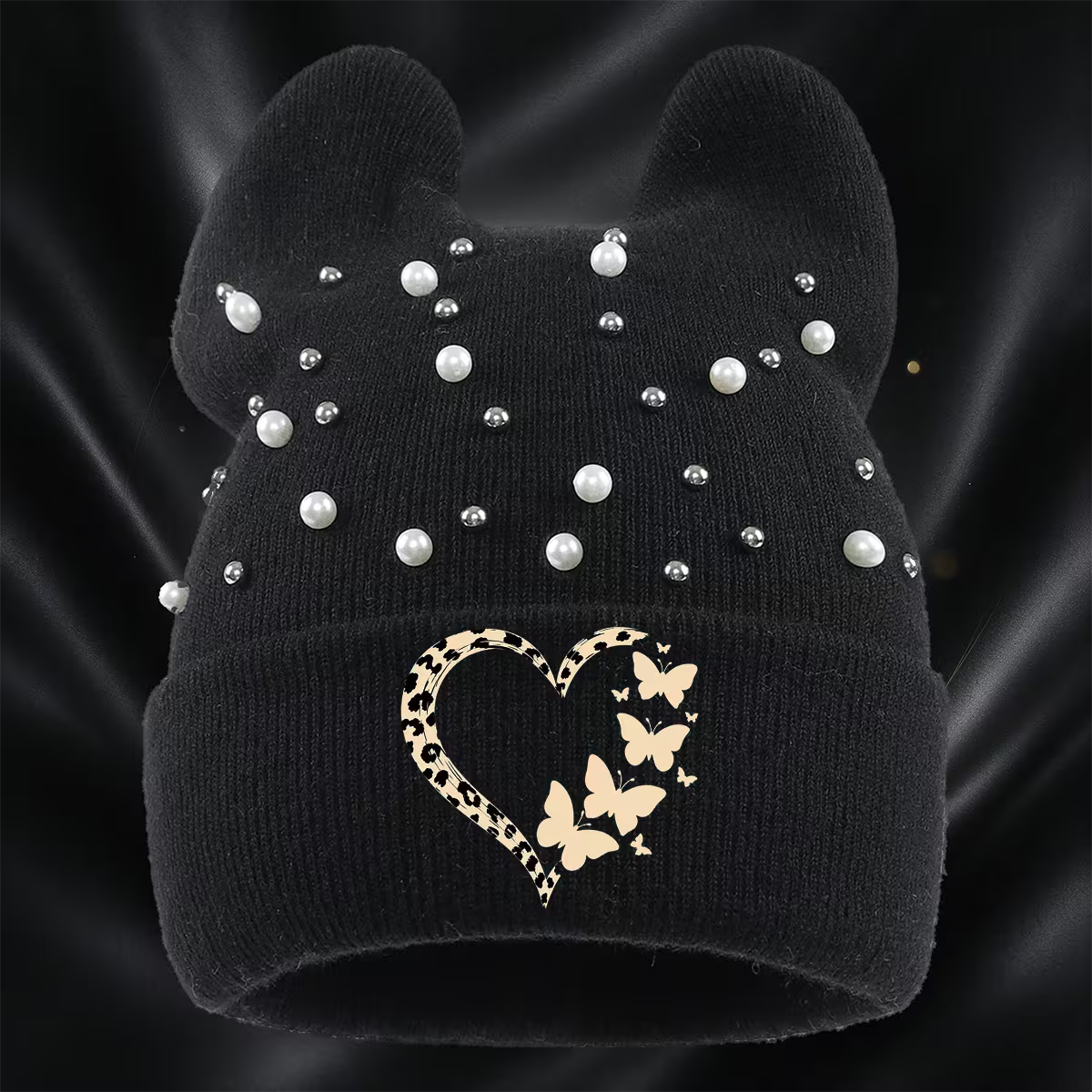 Leopard Print Cat-Ear Beanie with Heart & Butterfly Details