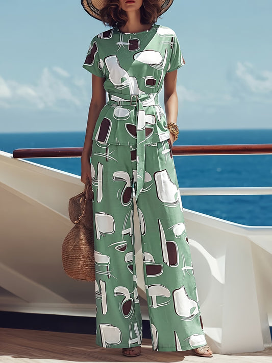 Spring & Summer Women's Casual Green Abstract Geometric Print Two-Piece Set with Metal Buckle Belt
