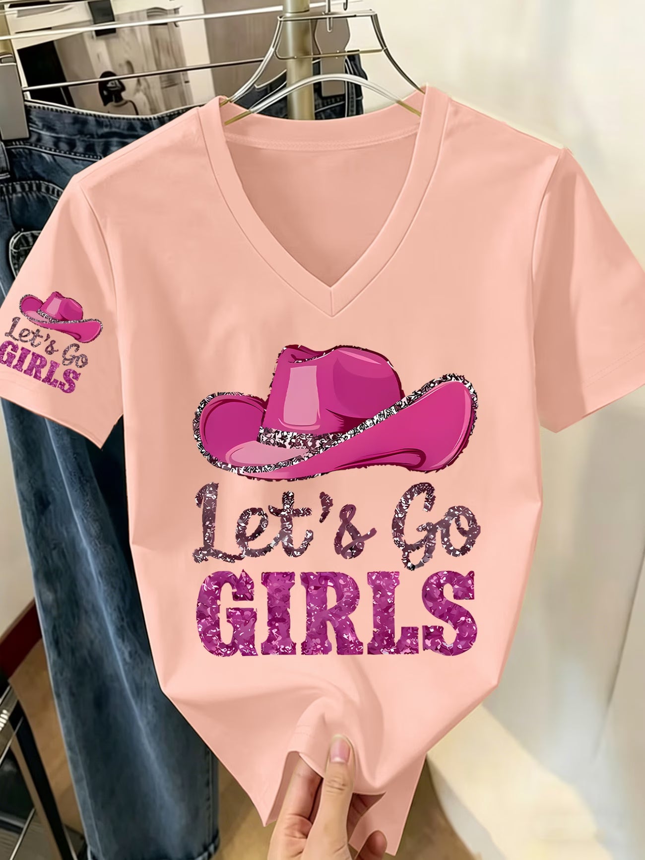 Summer V-Neck T-Shirt | Denim Hat Pattern Print | 'Let's Go' Slogan