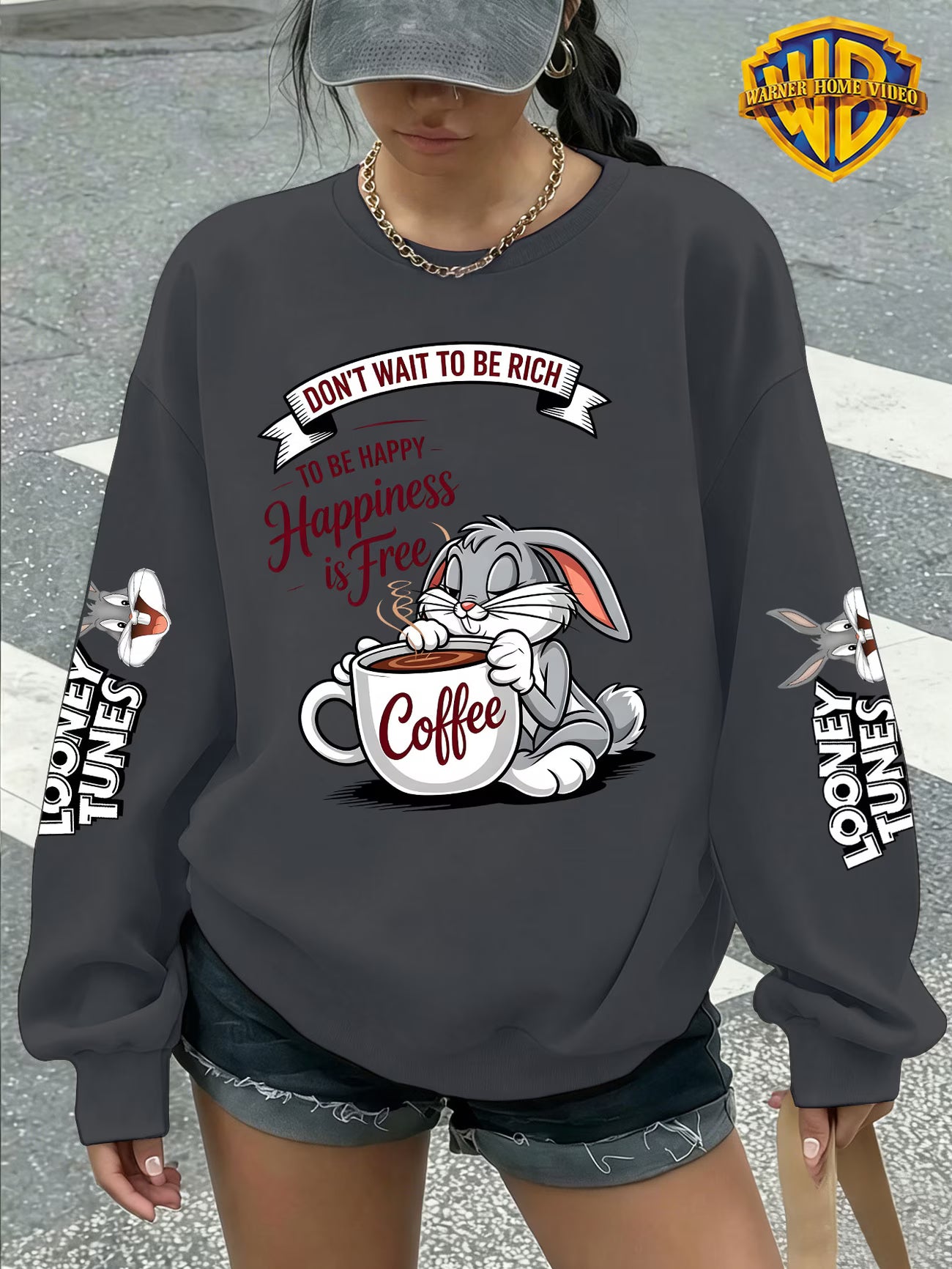 Women's Crew Neck Sweatshirt – Coffee-Themed Cartoon Bunny Graphic