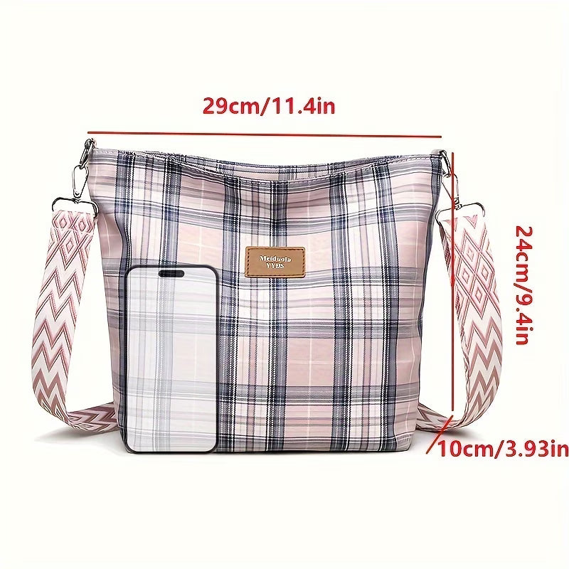 Ladies' Leisure Large-capacity Messenger Bag Tote Bag, Plaid Decorative Nylon Cloth with Wide Shoulder Strap,