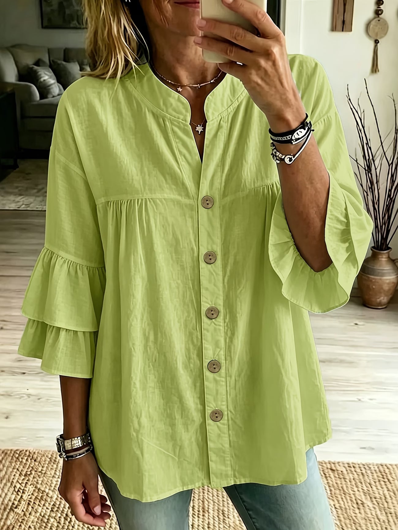 Ruffle Trim Three-Quarter Sleeve Shirt — Contrast Button Detail