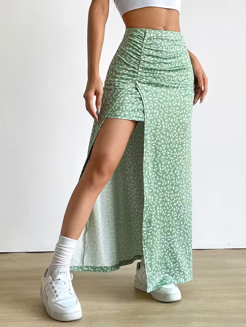 Women's Casual Floral Print Flared Skirt with Slit,