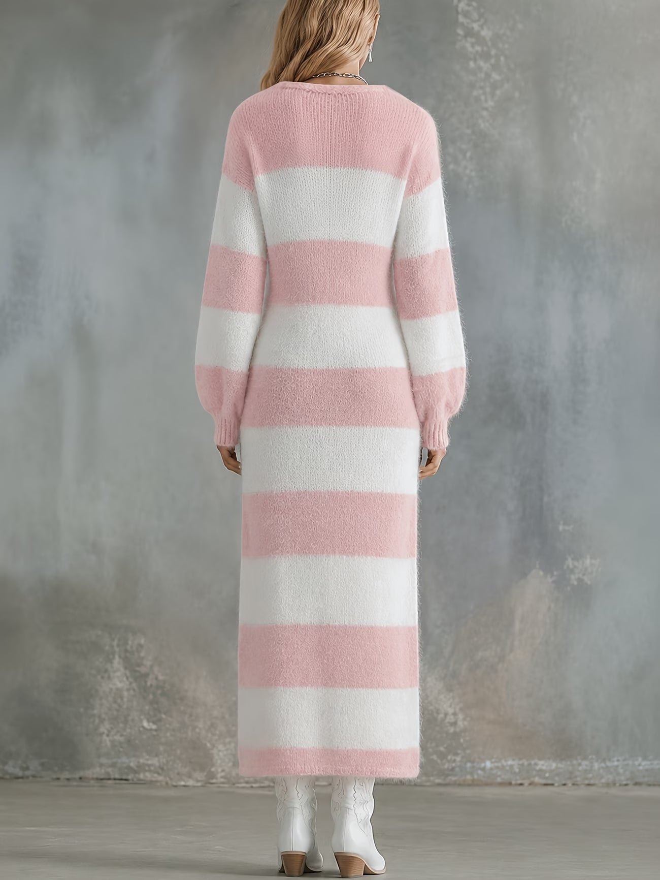 Women's Striped Faux Texture Deep V-Neck Plush Sweater Dress