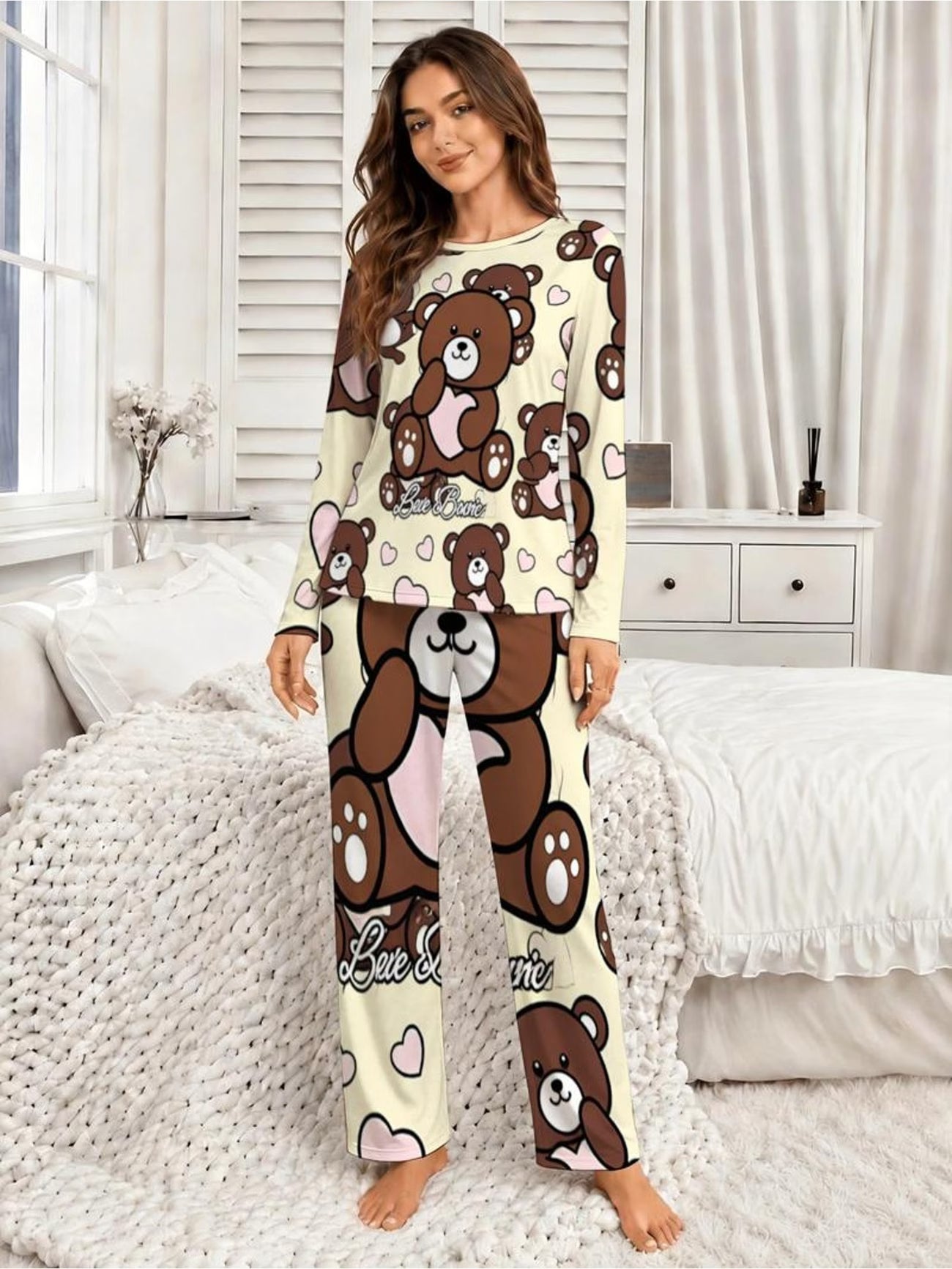 Cute Teddy Bear Women's Long-Sleeve & Long-Pants Pajama Set