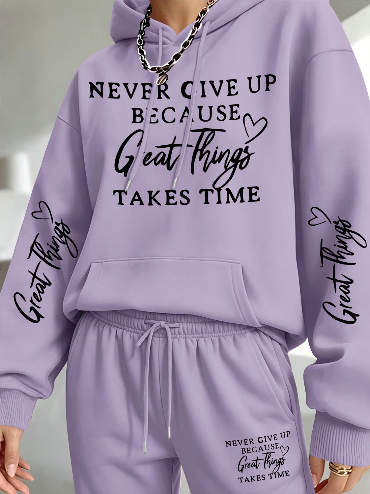 Perseverance & Patience Inspirational Print Hooded Sweatshirt & Sweatpants Set