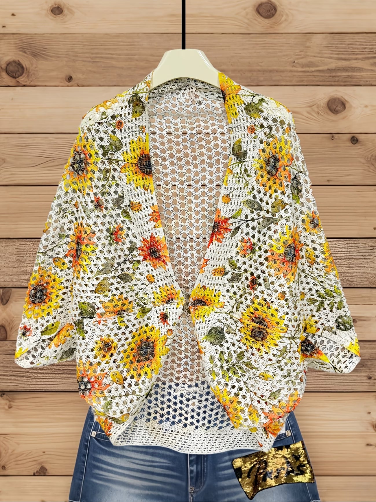 Women's Sunflower Print Hollow-Out Cardigan