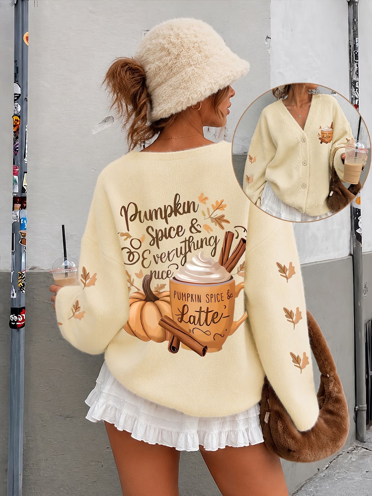 Women's Pumpkin Latte Print V-Neck Cardigan Sweater Jacket