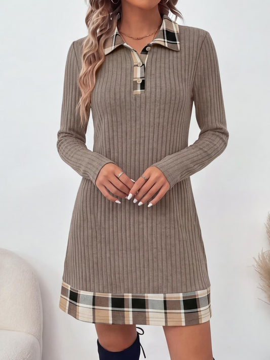 Women’s Ribbed Polo Collar Dress with Plaid & Leopard Print Patchwork