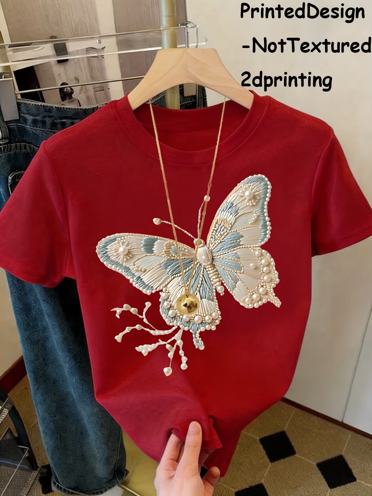 Butterfly & Pearl Embroidered-Print T-Shirt