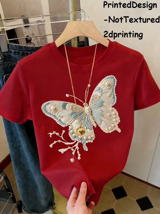 Butterfly & Pearl Embroidered-Print T-Shirt