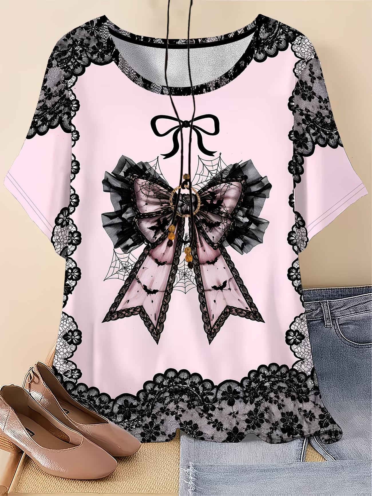 Women's Plus Size Lace Bow Print T-Shirt — Pink & Black