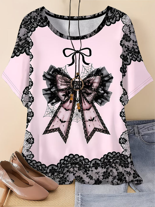 Women's Plus Size Lace Bow Print T-Shirt — Pink & Black