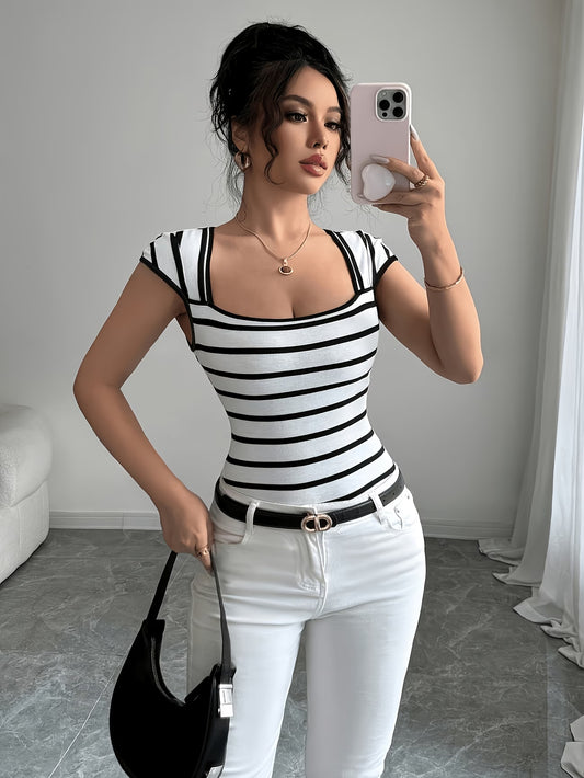 Striped Square Neck T-Shirt | Slim Fit | Short Sleeve