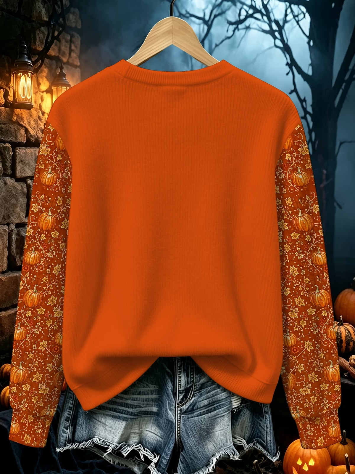 Women's Halloween Orange Pumpkin & Vine Print Long-Sleeve Top