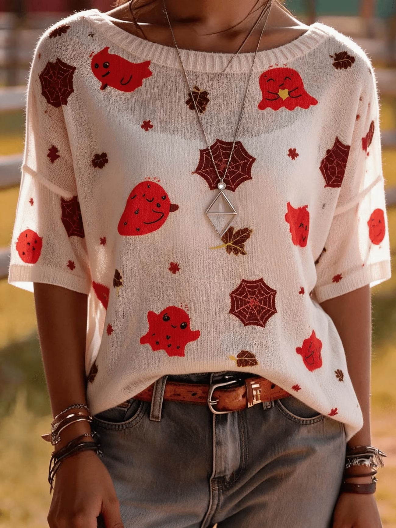 Smiling Ghost & Maple Leaf Print Lightweight Sweater Top