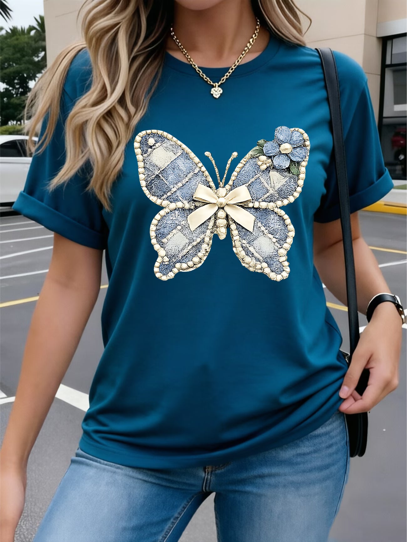 Denim T-Shirt - Soft Pearl Bow & Heart