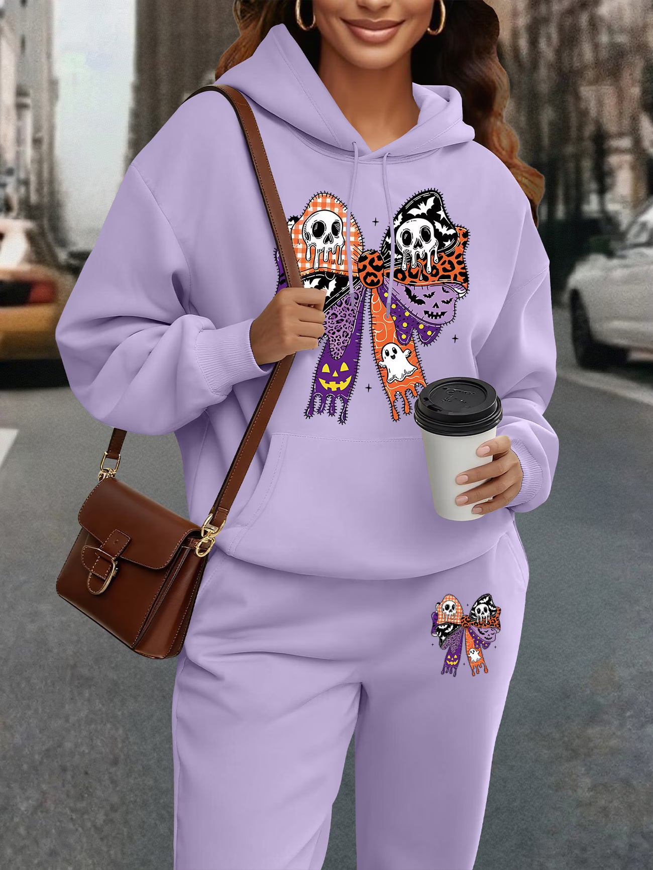 Plus Size Halloween Oversized Hoodie & Sweatpants Set — Creative Bow Print