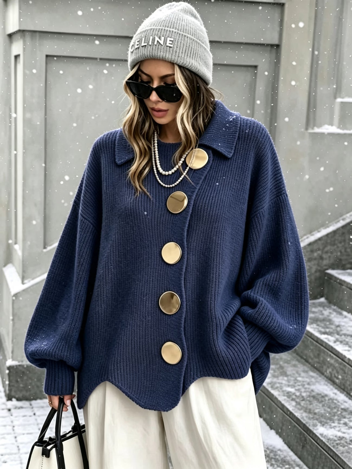 Women's Button-Up Cardigan – Lantern Sleeves, Asymmetric Lapel & Irregular Hem