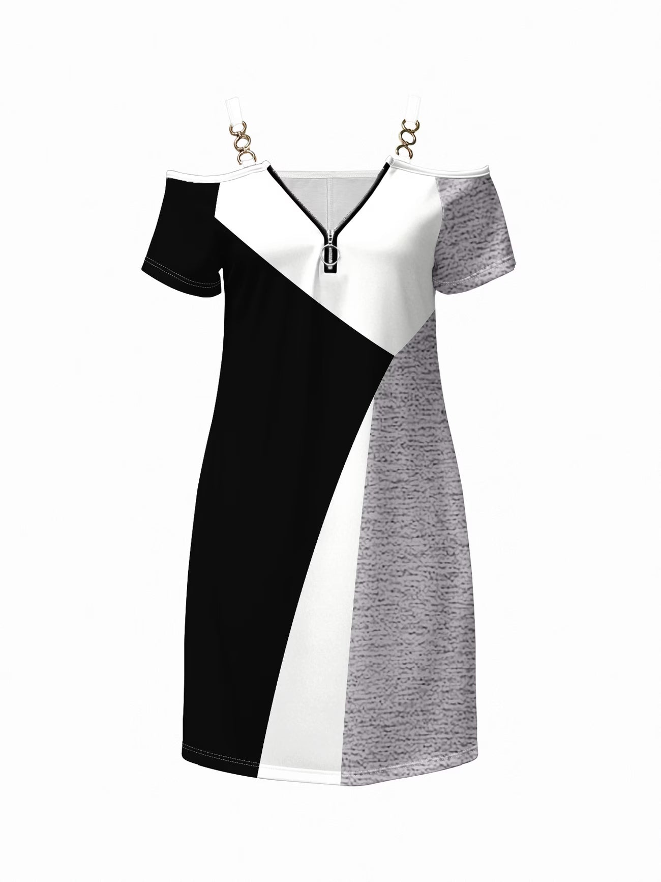 Women's V-Neck Printed Dress with Zipper & Button Detail