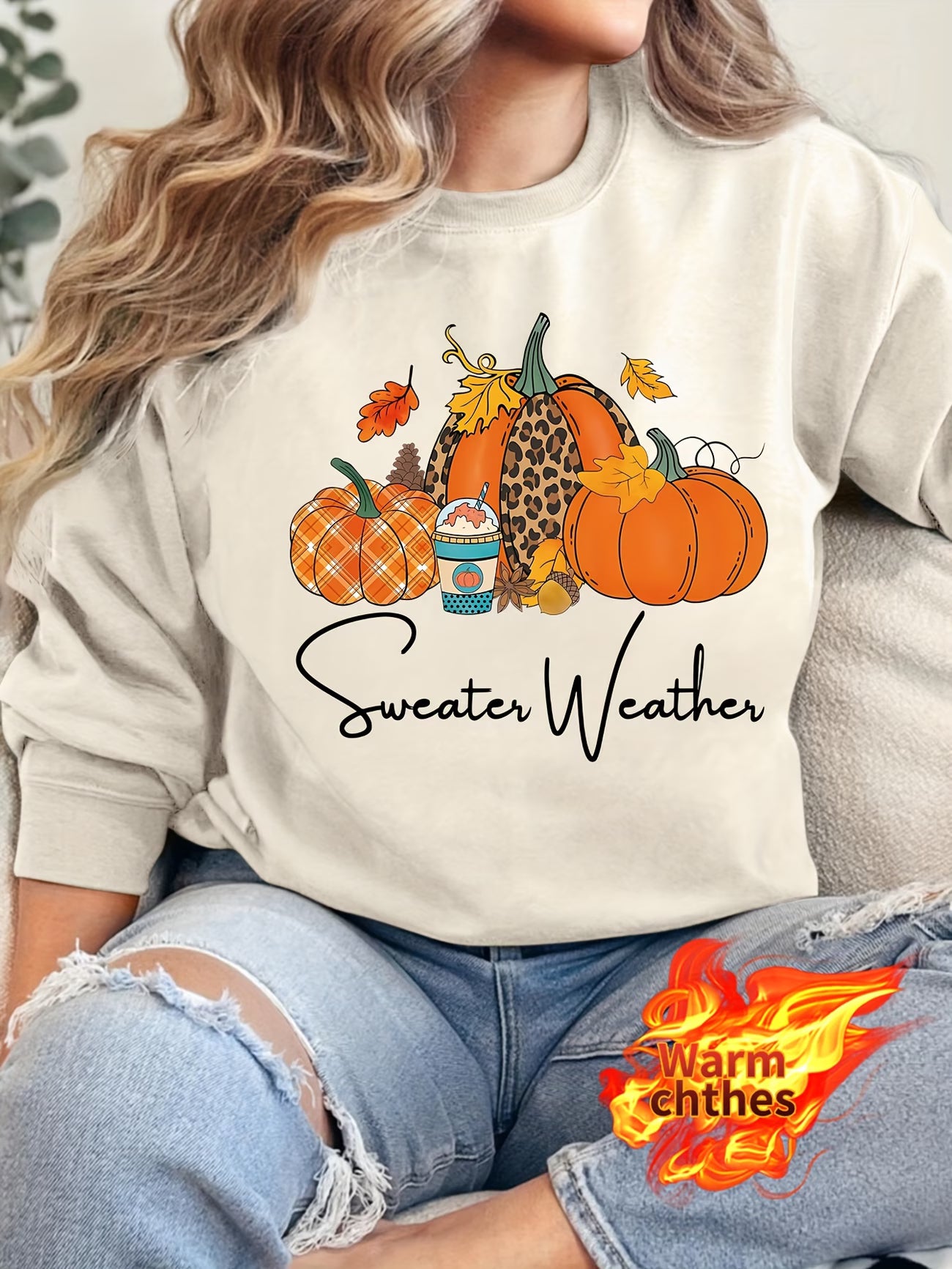Women's Pumpkin Maple Leaf Print Winter Sweatshirt