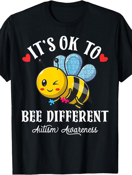 Men's Autism Awareness T-Shirt — "It's OK to Bee Different" Yellow Bee & Puzzle Piece Graphic
