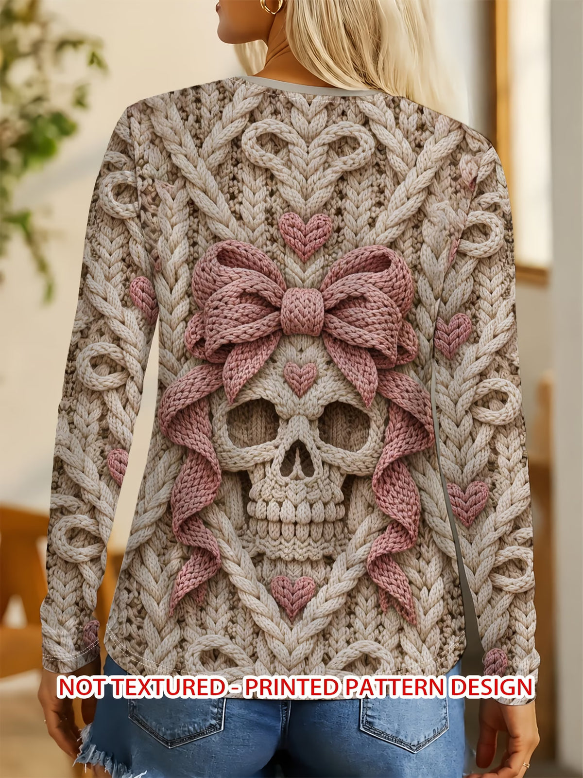 Skull & Bow Print Round Neck Casual Top